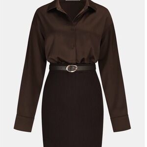 Commense Chocolate Brown Long Sleeve Shirt Dress